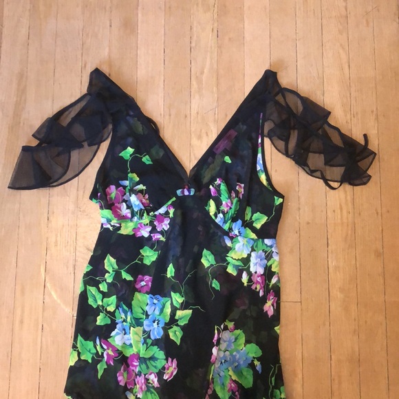 New Betsey Johnson sheer floral rosette ruffle cold shoulder flutter sleeve slip - Picture 2 of 11